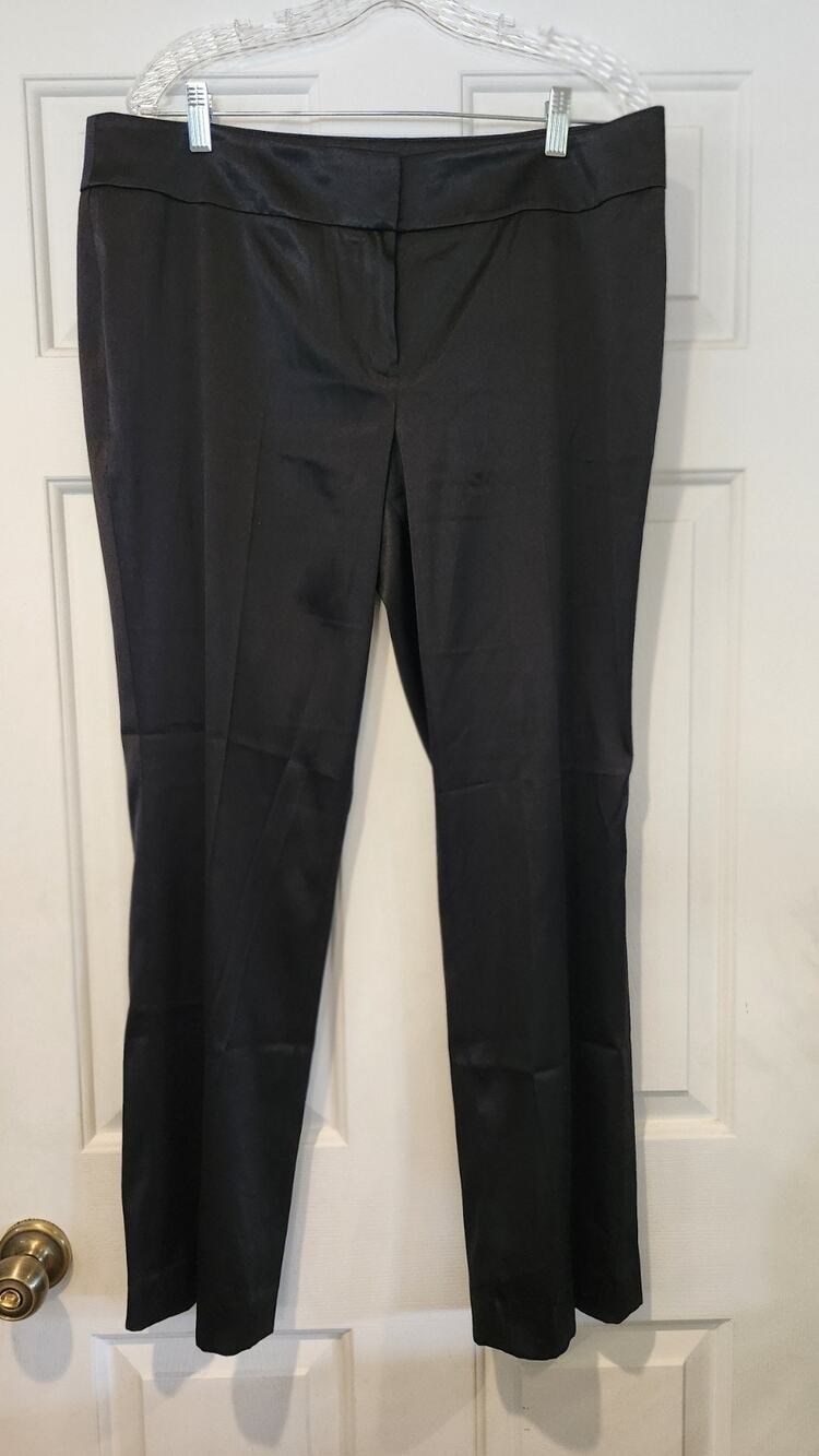 Nine West Womens Black Satin Dress Pants Size 12 Flat Front Trouser Slacks #274